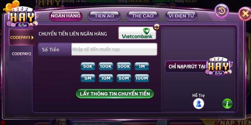 Nạp tiền HAYWIN qua ngân hàng